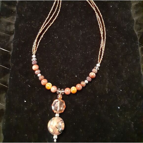 HANDBEADED PENDANT/3 STRAND NECKLACE 17" - Picture 2 of 6